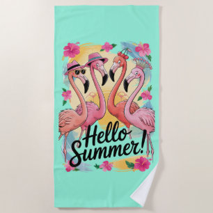 Toalha De Praia Olá Verão Flamingo Fofo Férias na Praia Tropical