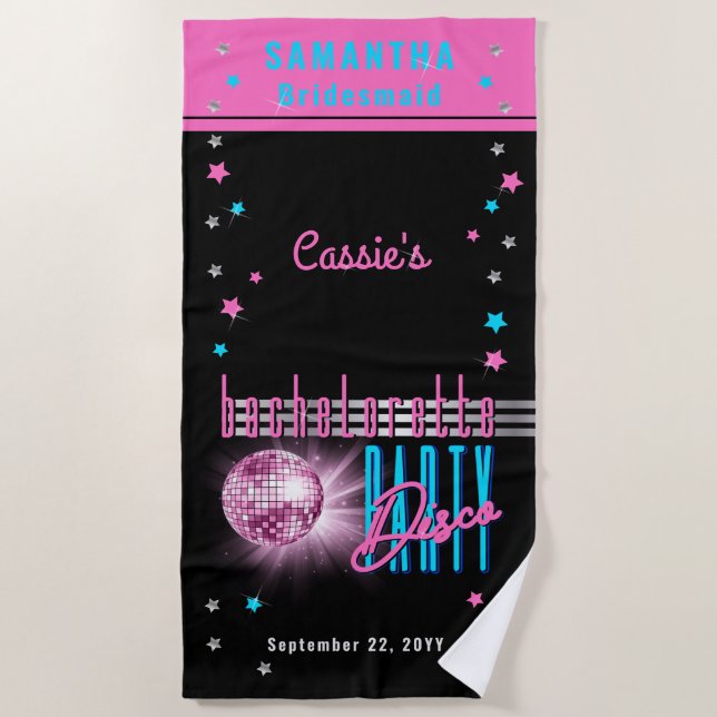 Toalha De Praia Olhar Retro Neon dos Anos 70 Bola de Discoteca Fes (Frente)