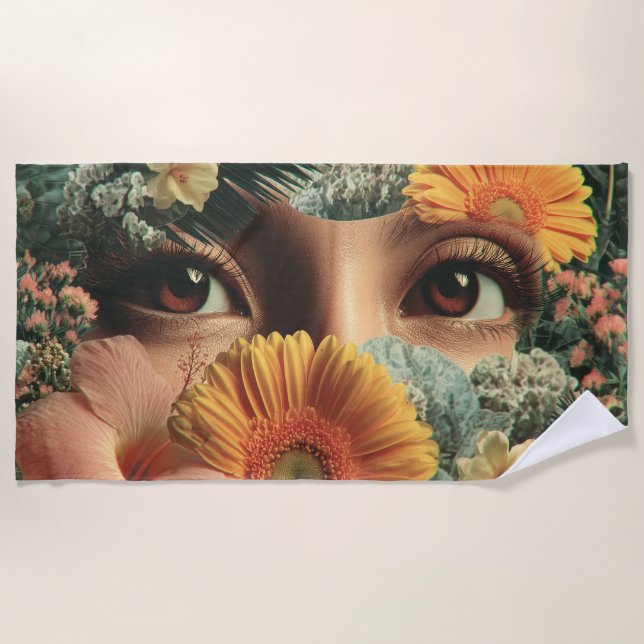 Toalha De Praia Olhos Surreais e Flores com Borboletas (Frente)