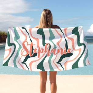 Toalha De Praia Onda Abstrata Redemoinho Retro Pêssego Hortelã Nom
