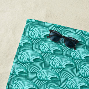 Toalha De Praia Ondas, turquesa e Aqua japoneses do vintage