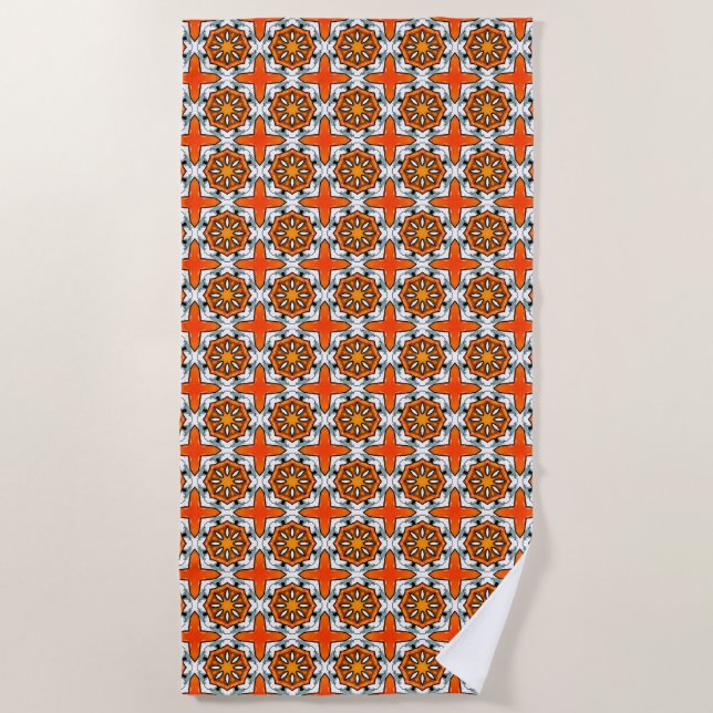 Toalha De Praia Orange, blue and white geometric patterned (Frente)