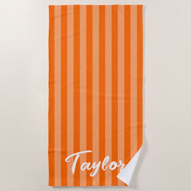 Toalha De Praia Orange Cabana Stripe Bold Name (Frente)