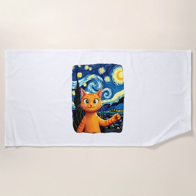 Toalha De Praia Orange Cat Selfie  Starry Night Cat Mom Cat Lovers (Frente)