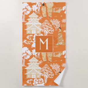 Toalha De Praia Orange Chinoiserie Pagodas Monograma