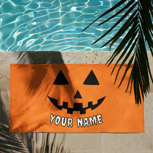 Toalha De Praia Orange Pumpkin Personalizado Halloween Seu Nome