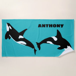 Toalha De Praia Orcas Killer Whales Teal Blue Personalizado