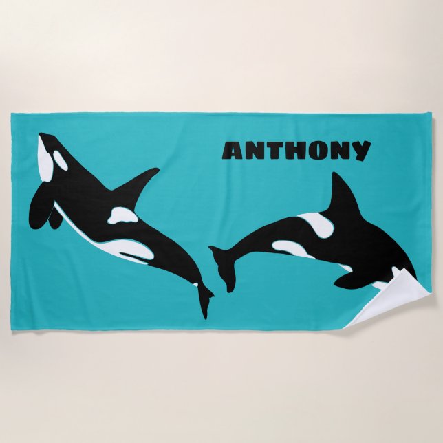 Toalha De Praia Orcas Killer Whales Teal Blue Personalizado (Frente)