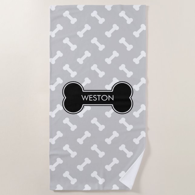Toalha De Praia Ossos E Ossos De Cão Negro Com Nome Personalizado (Frente)