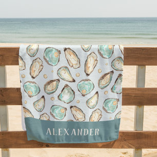 Toalha De Praia Ostra e Pérolas de Aquarela Costeira Personalizada