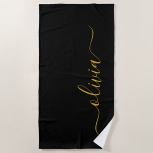 Toalha De Praia Ouro Preto Moderno Nome Monograma Menina Script