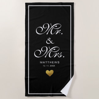Toalha De Praia ouro preto personalizado amor Coração sr e sra