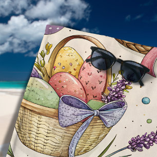 Toalha De Praia Ovos de Páscoa em Cesta de Vime com Lavanda
