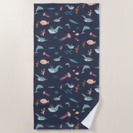 Toalha De Praia Padrão Azul de Animais do Mar do Oceano de Aquarel