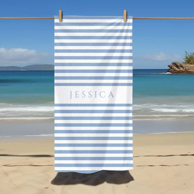 Toalha De Praia Padrão Azul Moderno Striped (Personalized Modern Blue Striped Pattern Beach Towel.)