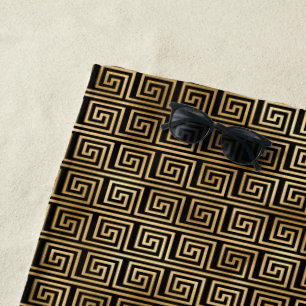 Toalha De Praia Padrão-chave grego preto e Dourado 
