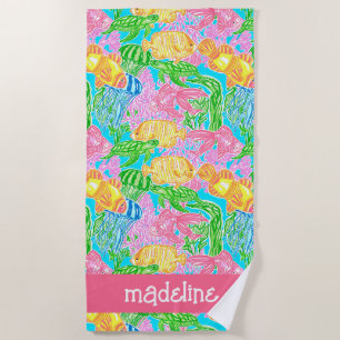 Toalha De Praia Padrão Colorido de Peixes Tropicais Personalizado