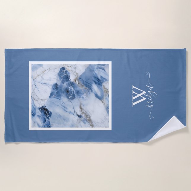 Toalha De Praia padrão costeiro abstrato de mármore azul (Frente)