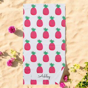 Toalha De Praia Padrão de Abacaxi Rosa Chic Branco