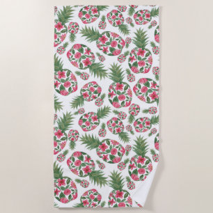 Toalha De Praia Padrão de ananás florido com aquarela verde rosa