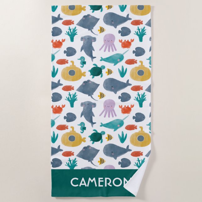 Toalha De Praia Padrão de Animais do Oceano Cáutico (Frente)