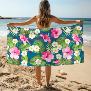Toalha De Praia Padrão de Aquarela Cinzenta Tropical Floral Colori