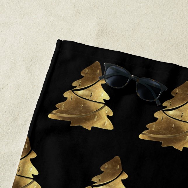 Toalha De Praia Padrão de Árvore de Natal preto e Dourado elegante (In Situ)