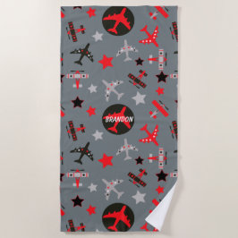 Toalha De Praia Padrão de Aviões da Cinza Vermelha Personalizado