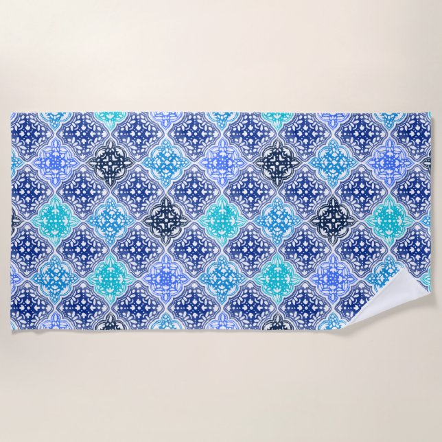 Toalha De Praia Padrão de Azulejo marroquino pintado com azul (Frente)