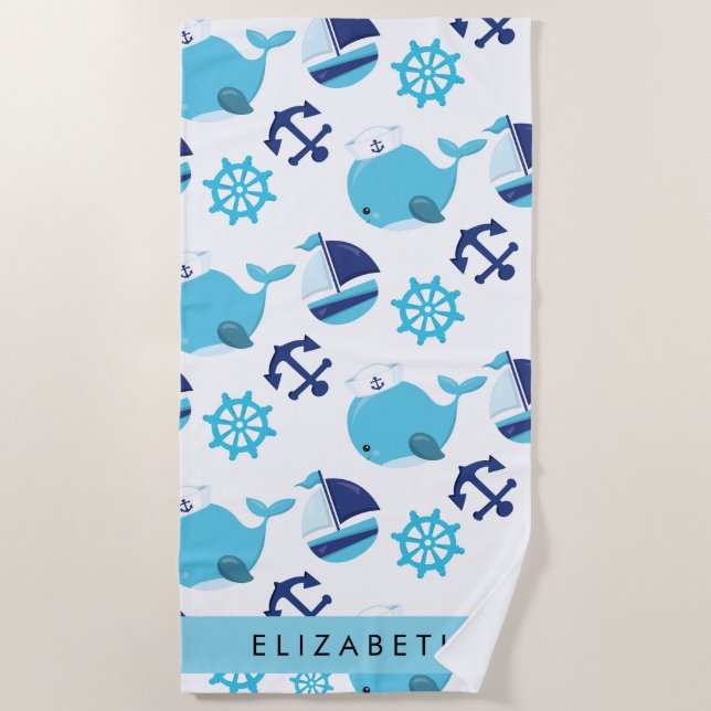 Toalha De Praia Padrão De Baleias, Baleias Azuis, Seu Nome (Frente)