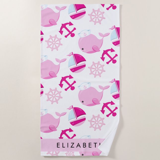 Toalha De Praia Padrão De Baleias, Baleias Rosa, Seu Nome (Frente)