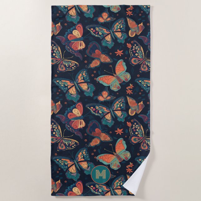 Toalha De Praia Padrão de Borboleta Monograma Personalizado (Frente)