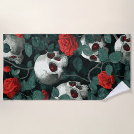 Toalha De Praia Padrão de Caveira e Rosas Vermelhas – Arte Gótica