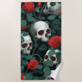 Toalha De Praia Padrão de Caveira e Rosas Vermelhas – Arte Gótica 