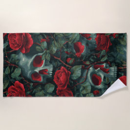 Toalha De Praia Padrão de Caveira e Rosas Vermelhas – Design Flora