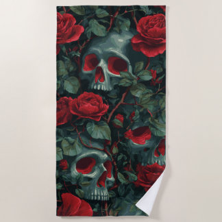 Toalha De Praia Padrão de Caveira e Rosas Vermelhas – Design Flora