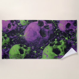 Toalha De Praia Padrão de Caveira em Verde e Roxo no Estilo Grunge