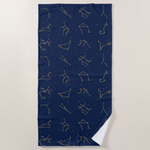 Toalha De Praia Padrão de Constelações Zodiac Azul Dourado e Marin