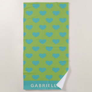 Toalha De Praia Padrão de Coração verde limão Azul Cute Personaliz