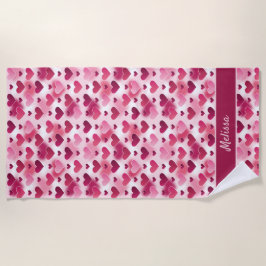 Toalha De Praia Padrão de Corações Rosa com Nome Personalizado