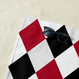 Toalha De Praia Padrão de Diamante Harlequim Preto e Vermelho