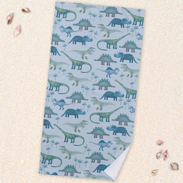Toalha De Praia Padrão de Dinossauro Azul Pré-Histórico Cuto (Fun prehistoric dinosaur pattern beach towel for paleontologists of all ages)