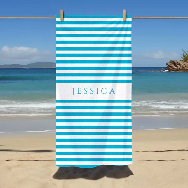 Toalha De Praia Padrão de distribuição azul moderna personalizado (Personalized Modern Blue Striped Pattern Beach Towel)