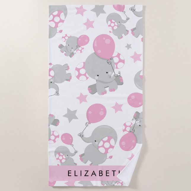 Toalha De Praia Padrão De Elefantes, Elefantes Bonitos, Seu Nome (Frente)
