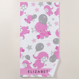 Toalha De Praia Padrão De Elefantes Rosa, Estrelas, Seu Nome