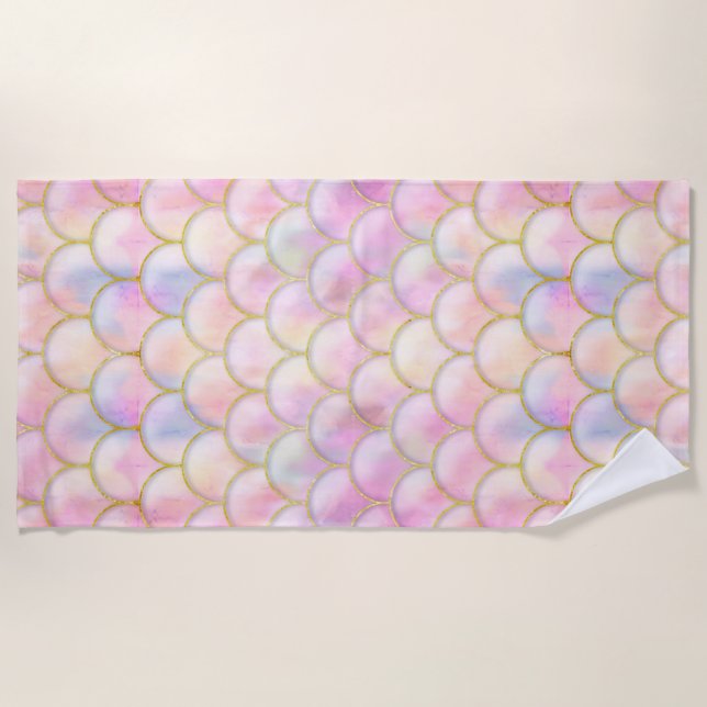 Toalha De Praia Padrão de Escala de Sereia Iridescente de Pastel (Frente)