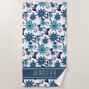 Toalha De Praia Padrão de Flor Azul Turquesa Personalizado