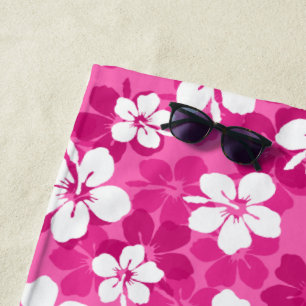Toalha De Praia Padrão de Flor de Hibisco Branco Violeta Tropical