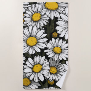 Toalha De Praia Padrão de Flor de Margarida Ilustração Botânica