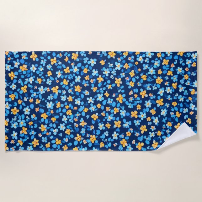 Toalha De Praia Padrão de Flores Azuis (Frente)